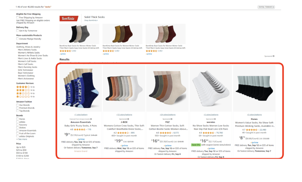 A screenshot of an Amazon search for "socks." The section that displays Amazon Sponsored Products is circled in red.