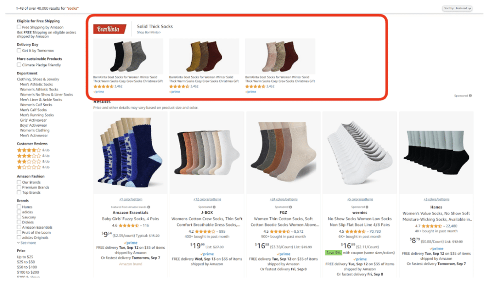 A screenshot of an Amazon search for "socks." The section that displays Amazon Sponsored Brands is circled in red.