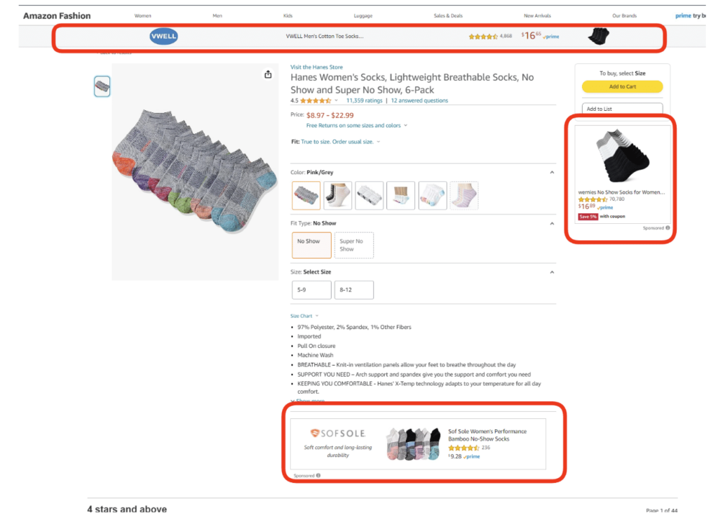 An Amazon Listing for Hanes Women's Socks. Three sponsored display ads appear on the page margins. They are circled in red.