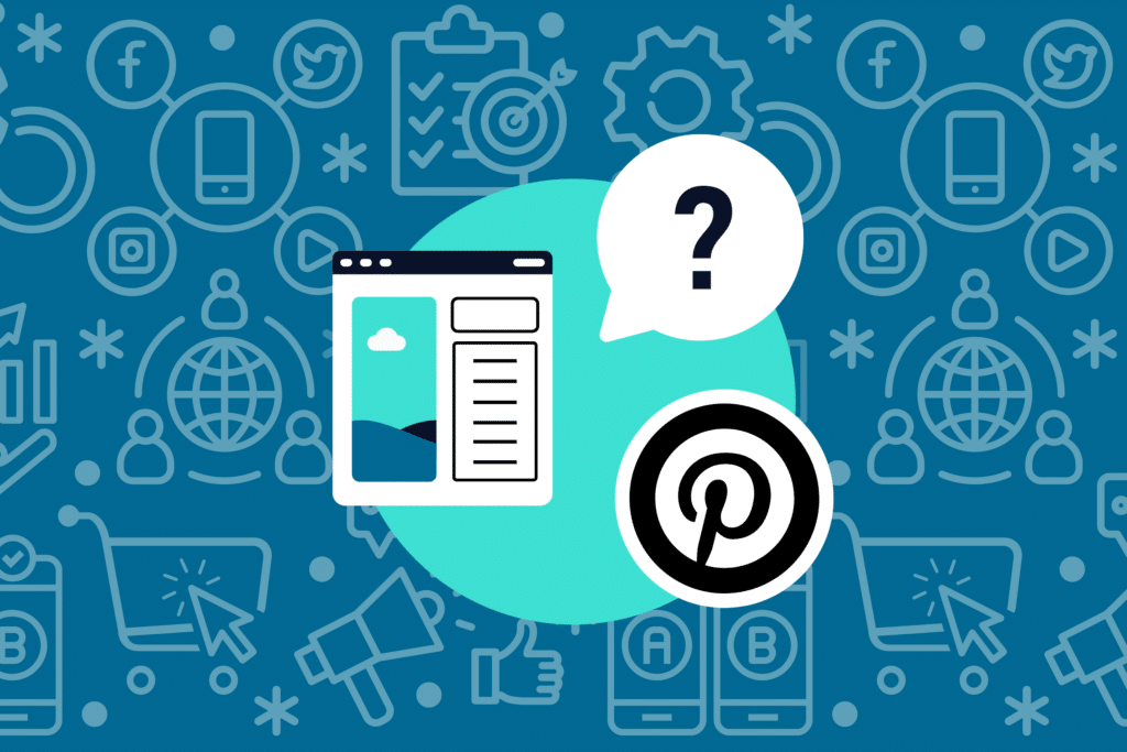 Circle with question mark, Pinterest logo, and webpage.